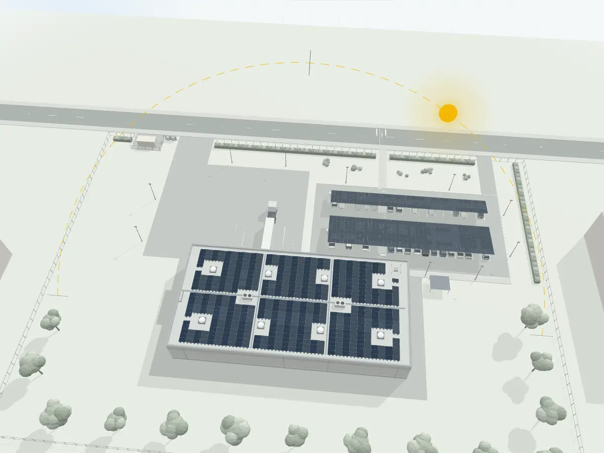 Course du soleil au-dessus de la centrale, ombres portées sur la toiture et les ombrières.
