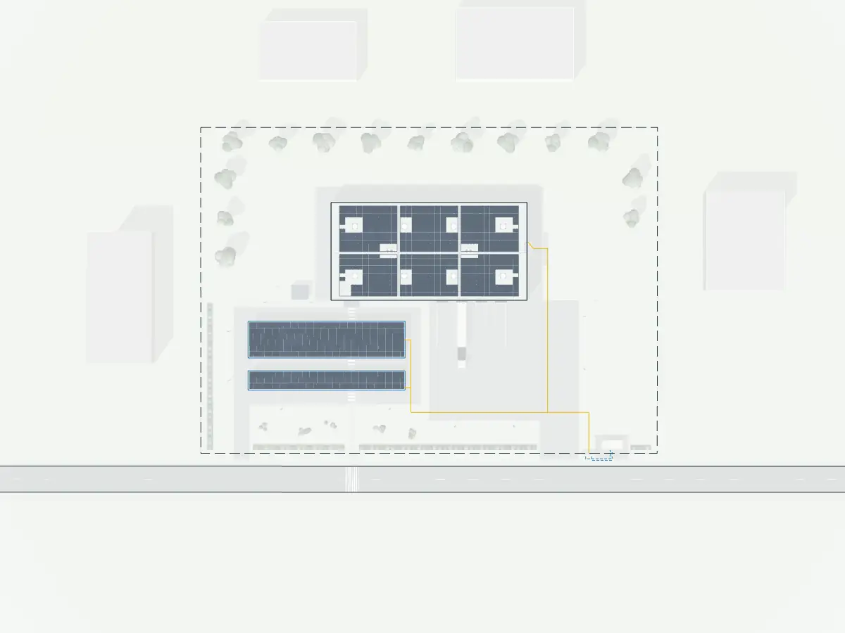 Vue de dessus du site devenue plan de masse : toiture, ombrières, liaisons au poste, cartouche, échelle et nord.